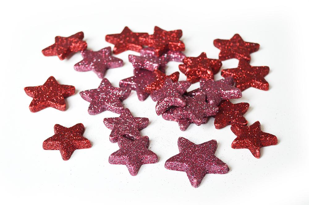 Hvězdy glitter 3 a 5 cm červené mix  set 24 ks